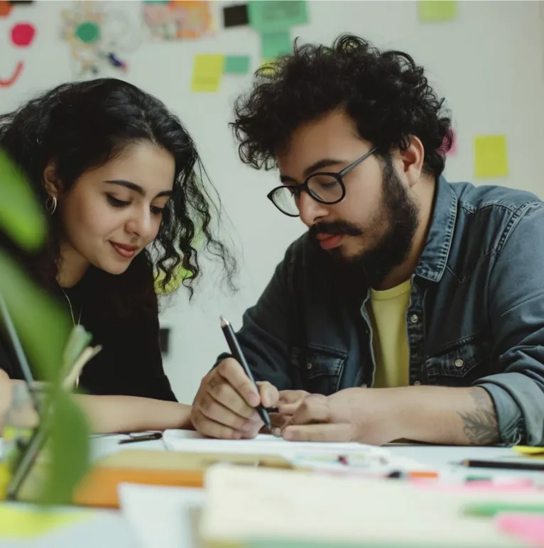 Deux personnes travaillent sur une maquette de page