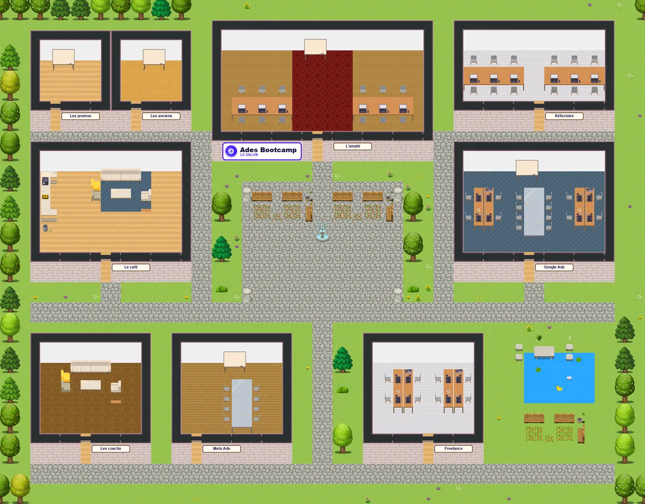 Le Salon : le village en 2D d’Ades Bootcamp, avec l’amphi, le café et les salles Google Ads et Meta Ads